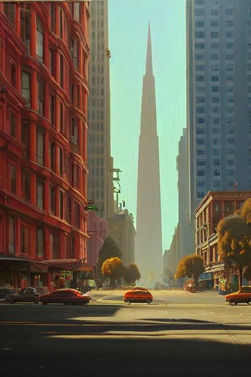 Image similar to Market Street, San Francisco in a redwood solar punk vision; oil on canvas by Klaus Bürgle and Simon Stålenhag; Ultra-Realistic 3D Depth Shading