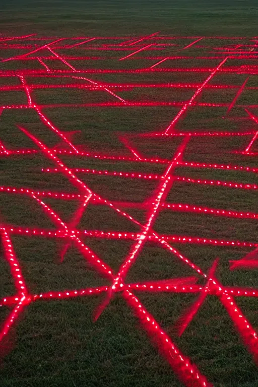 Prompt: Three giant red crosses made out of light beams in the center of a corn field