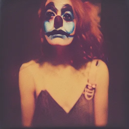 Image similar to a polaroid portrait of a beautiful woman wearing clown makeup, lit from behind, sunshine, golden hour, heavy film grain, color bleed