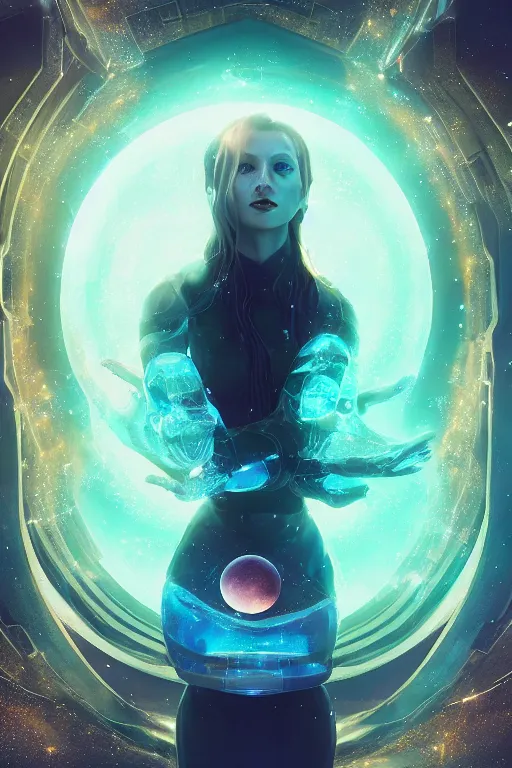 Image similar to space goddess portrait floating while holding a magical orb in her hand. sci fi, intricate artwork by Tooth Wu and wlop and beeple. octane render, trending on artstation, greg rutkowski very coherent symmetrical artwork. cinematic, hyper realism, high detail, octane render, 8k