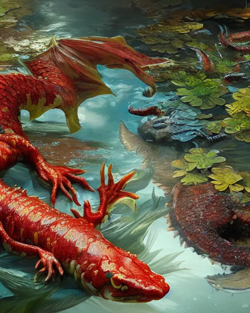 Prompt: game character beautiful pond dragon half fish half salamander, wet amphibious skin, red salamander, axolotl creature, koi pond, korean village by Ruan Jia and Gil Elvgren, fullbody