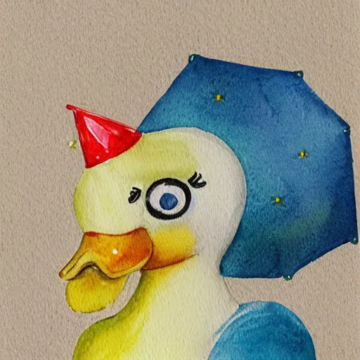 Image similar to watercolor yellow duck with party horn, cute illustration by basia tran