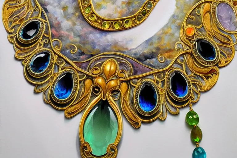 Image similar to highly detailed oil painting, front view, very realistic gemstones, art nouveau, ornate, delicate, brilliant precious gemstones necklace, necklace on display, dramatic light,