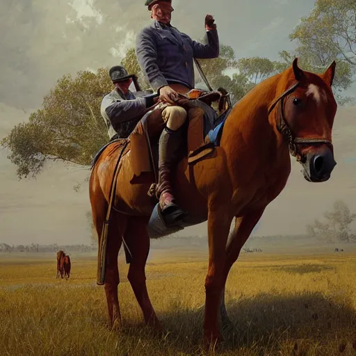 Prompt: horse on man, the man is carried by the horse, hyperrealism, no blur, 4 k resolution, ultra detailed, style of ron cobb, adolf hiremy - hirschl, syd mead, ismail inceoglu, rene margitte