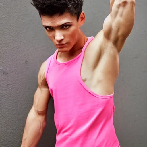 Image similar to high - quality photo of a muscular, completely androgynous person of completely ambiguous gender wearing a pink tank top