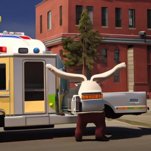 Prompt: big chungus meme, anthropomorphic ambulance shaped like big chungus, fat bugs bunny shaped ambulance, highly detailed 3 d render, unreal engine 5