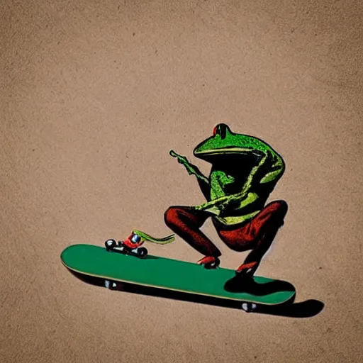Prompt: a frog wearing a cowboy hat and riding a skateboard
