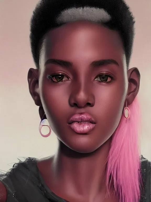 Prompt: beautiful nigerian girl with short pink hair and nose piercing, pink eye liner, thin round earrings, winds of winter, hyper detailed, digital art, trending in artstation, cinematic lighting, studio quality, smooth render, octane rendered, concept art, sharp focus, illustration, art by artgerm and greg rutkowski and wlop