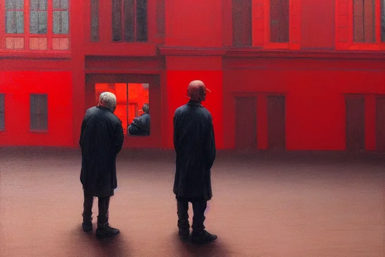 Image similar to only with red, a red old man try to sell a portrait, a crowd cheering, in a city square, in the style of beksinski, parts by edward hopper, parts by rodcenko, parts by yue minjun, intricate and epic composition, red by caravaggio, insanely quality, highly detailed, masterpiece, red light, artstation, 4 k