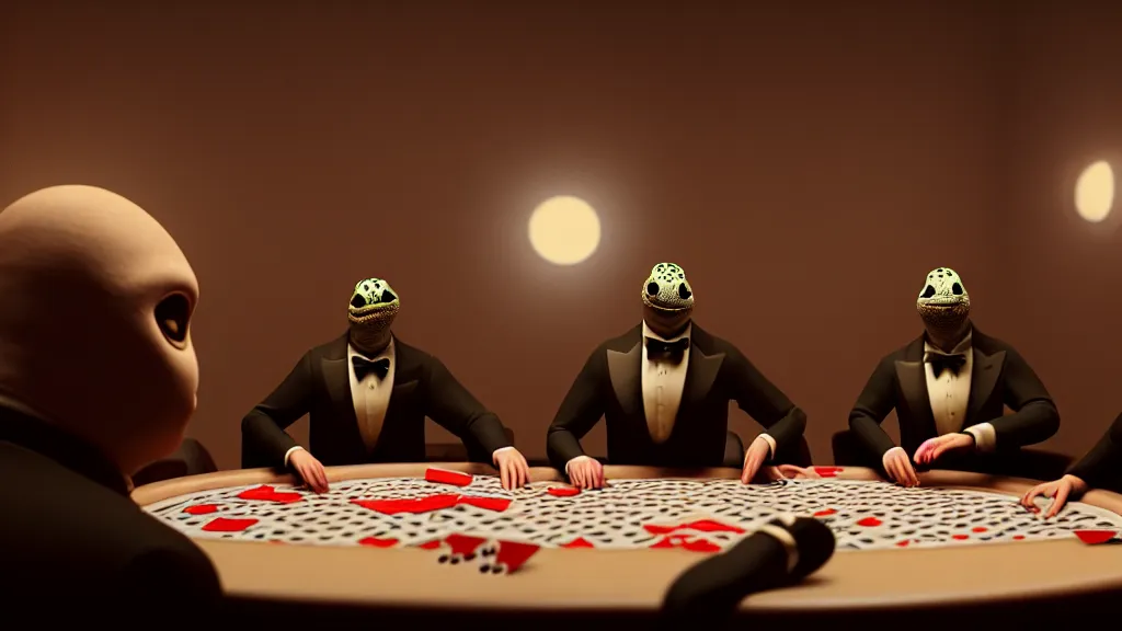 Prompt: hyperrealism simulation highly detailed human turtles'wearing detailed tuxedos and smoking, playing poker in surreal scene from dark scary movie from future by wes anderson and denis villeneuve and mike winkelmann rendered in blender and octane render