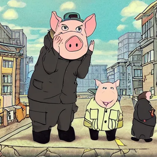 Image similar to Fall of capitalism, pigs with jackets, ghibli studio style, anime style