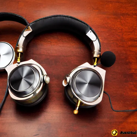 Image similar to masterpiece photo of beautiful crafted artistic bismuth metal headphones, bismuth rainbow metal, bismuth cups, leather padding, displayed on mahogany desk, modernist headphones, bismuth headphones beautiful well designed, hyperrealistic, audiophile, intricate hyper detail, extreme high quality, photographic, meze audio, sennheiser, hifiman, artstation