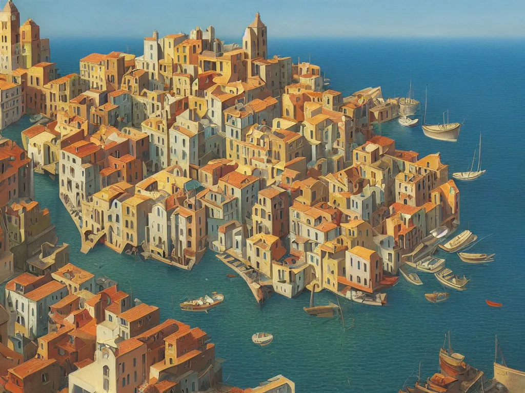 Prompt: A detailed oil painting of a beautiful Mediterranean village by Michiel Schrijver, M.C. Escher, isometric, pastel colors