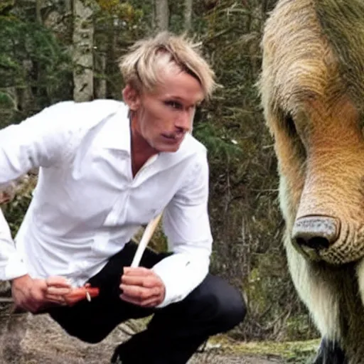 Image similar to Petter Stordalen eating an extinct animal