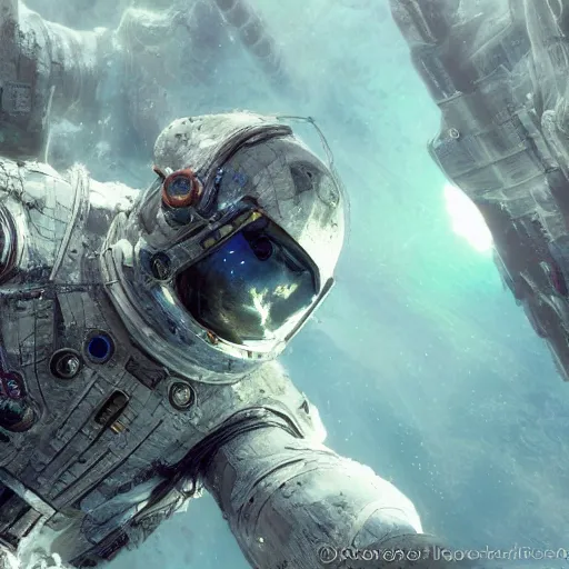 Prompt: concept art by craig mullins infrared complex and hyperdetailed technical astronaut suit in futuristic dark and empty spaceship underwater. mandelbulb fractal. reflection and dispersion materials. rays and dispersion of light. volumetric light. 5 0 mm, f / 3 2. noise film photo. flash photography. unreal engine 4, octane render. interstellar movie art