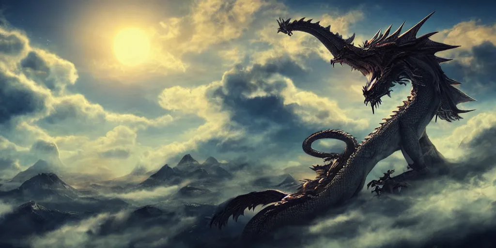 Image similar to ''giant dragon, long dragon, in the clouds, beautiful sky and sun shine, fantasy artwork, very beautiful scenery, cinematic shot, ultra detailed, by popular digital, details, beautiful art, high resolution, 8 k, artstation''