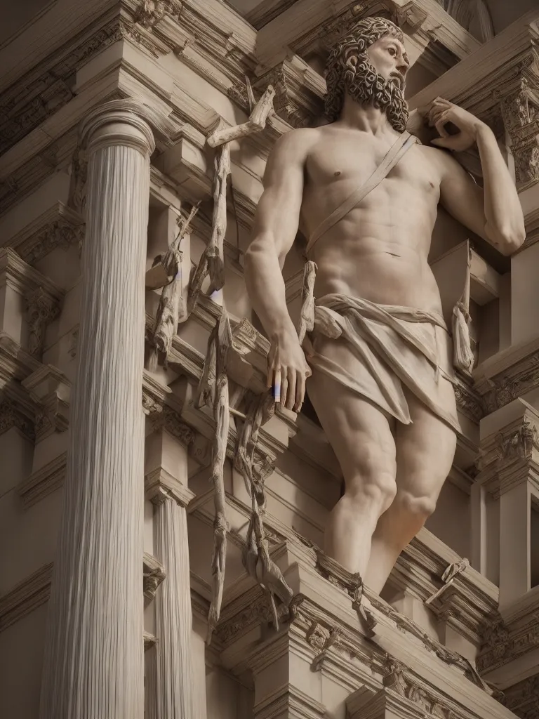 Prompt: wood scaffolding surrounds the statue of david, photorealistic, hyperdetailed, studio lighting, octane render, caustics