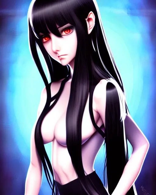 Prompt: a psychotic female student with silky long straight black hair. beautiful shadowing. art by Artgerm and Range Murata.