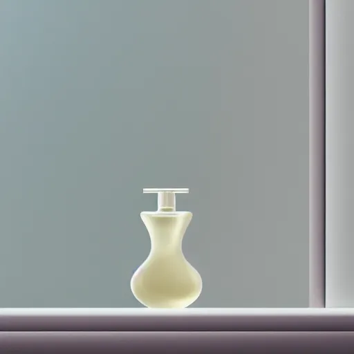 Image similar to perfume bottle on window sill in a pastel room by peter tarka in an ivory room well contoured smooth fair walls, up close shot, sharp focus, octane highly render, 4 k, ultra hd,