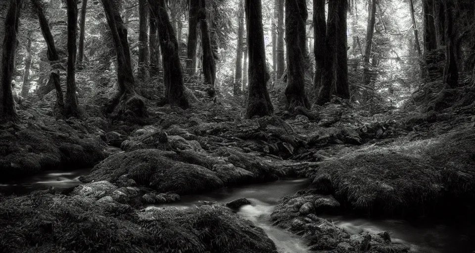 Image similar to deep inside the forest, stream, dramatic lighting, chiaroscuro, moss, ferns, epic, award winning photo by ansel adams, masterpiece, artstation