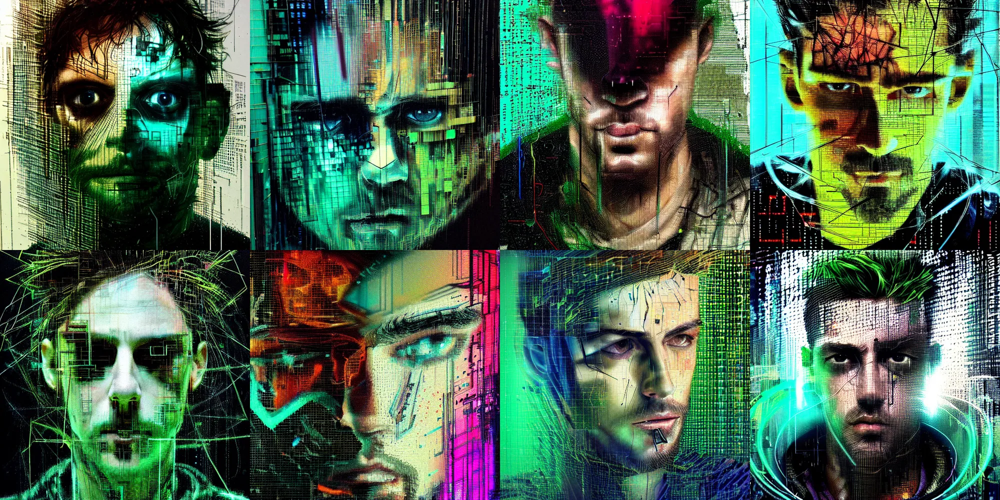 Prompt: hyperrealistic portrait of a cyberpunk man, photorealistic, close up, young adult, medium hair, immersed within a network, glitch eyes, by Guy Denning, Russ Mills, Derek Gores, glitch art, hyper focus, fine detail, polished, complex, hacking effects, holographic, digital tech effects, green, color blocking!, realistic, acrylic on canvas, concept art, abstract!, symmetrical, 8k, concept art, octane, cgsociety, trending on artstation