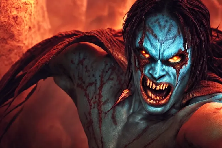 Image similar to vfx film closeup, legacy of kain soul reaver, raziel irl, hero pose, devouring magic souls, in epic ancient sacred huge cave temple, flat color profile low - key lighting award winning photography arri alexa cinematography, hyper real photorealistic cinematic beautiful, atmospheric cool colorgrade