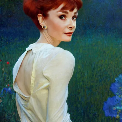Image similar to Audrey Hepburn with red hair and long pixie haircut in shorts and white shirt drawn by Donato Giancola and Jon Foster, frank frazetta, alphonse mucha, background by James Jean and gustav klimt, 4k, volumetric lighting, french nouveau, trending on artstation, octane render, hyperrealistic