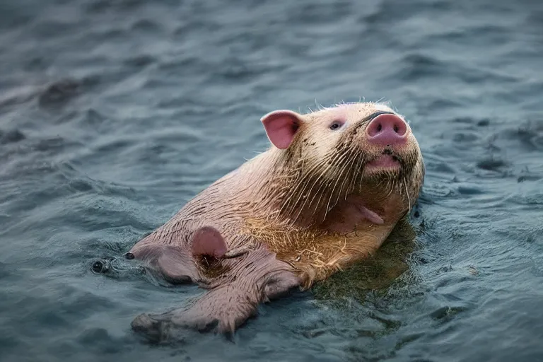 Image similar to a pig sea otter!!! hybrid! hyper realistic!! realistic lighting!! wildlife photographer of the year!!! bold natural colors, national geographic, hd, wide angle, 8 k