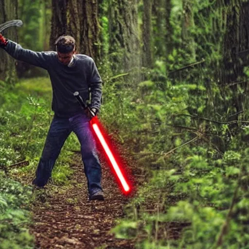 Prompt: a man cutting a tree with a lightsaber