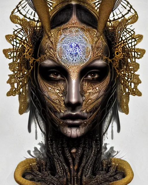 Image similar to hyperrealistic detailed face portrait of the beautiful dark goddess with an intricate golden ornamental geometrical ritual mask, intricate cyberpunk tattoos, glowing ceremonial markings, emotionally dark figure, insane details, art by ernst haeckel, nekro borja, android jones, gothic - cyberpunk, ornamental, dimmed pastel colours,