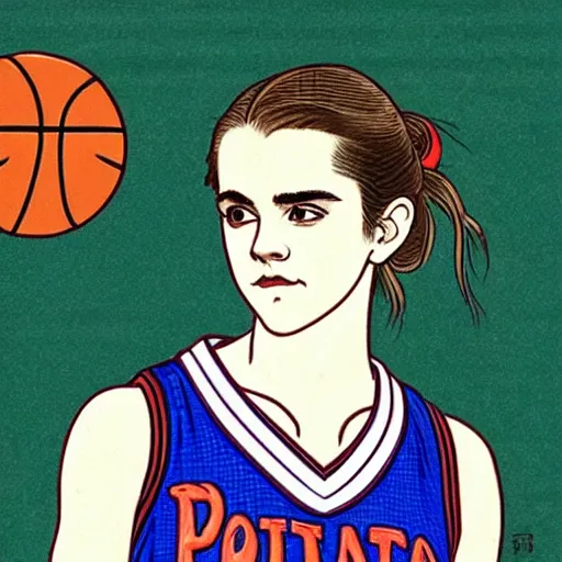 Image similar to portrait of teen emma watson in an nba boston celtics basketball uniform, ukiyo - e art by hokusai, global illumination, radiant light, detailed and intricate environment