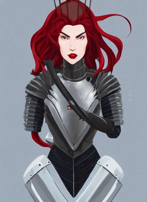 Image similar to a young woman in full plate armor with beautiful hair and red lips stages in a dramatic pose. she is a knight. clean cel shaded vector art. shutterstock. behance hd by lois van baarle, artgerm, helen huang, by makoto shinkai and ilya kuvshinov, rossdraws, illustration, art by ilya kuvshinov