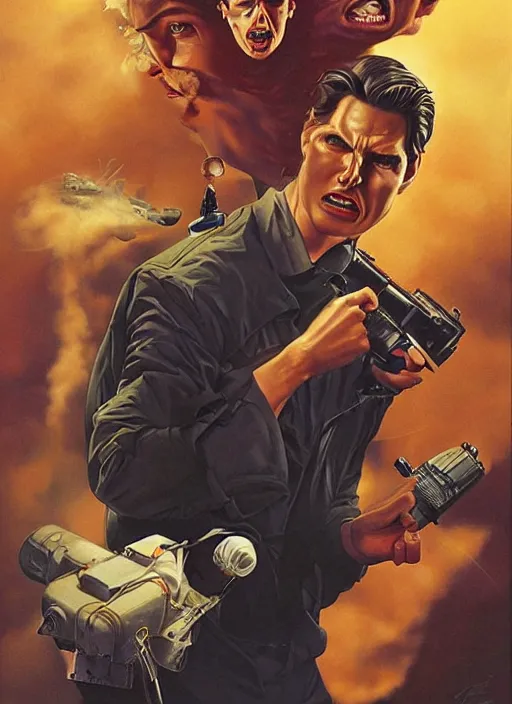 Prompt: poster artwork by Michael Whelan and Tomer Hanuka, Karol Bak of Tom Cruise going crazy, from scene from Twin Peaks, clean
