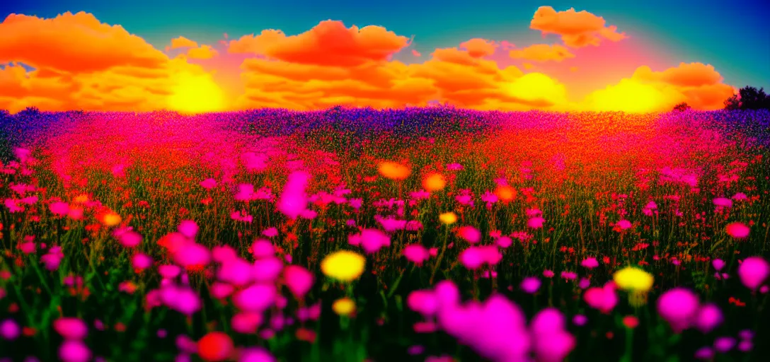 Image similar to an impossible field of beautiful neon colored flowers with a beautiful sunset, vaporwave