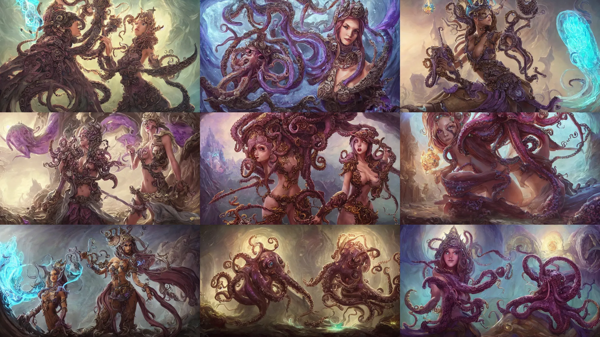 Prompt: portrait of beautiful octopus sorceress with magic staff, fantasy landscape in background, league of legends splash art, hearthstone splash art, world of warcraft splash art, full body shot, rule of thirds, fantasy, whimsical, horror, detailed face, beautiful eyes, ornate bikini armor, artgerm, greg rutkowski, josephine wall, trending on artstation, wallpaper