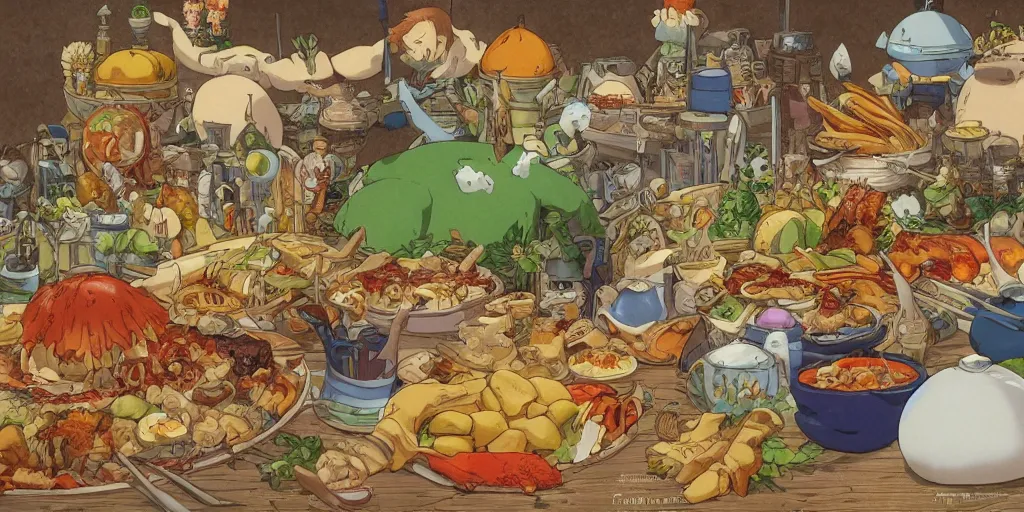 Image similar to A feast for the whole kingdom, very detailed, anime, Delicious, Plump, Juicy, Hot Food, large white border, hd, high resolution print :1 by Hayao Miyazaki, Nausicaa, studio Ghibli style, Anime wallpaper, cell shading, trending on deviant art :1