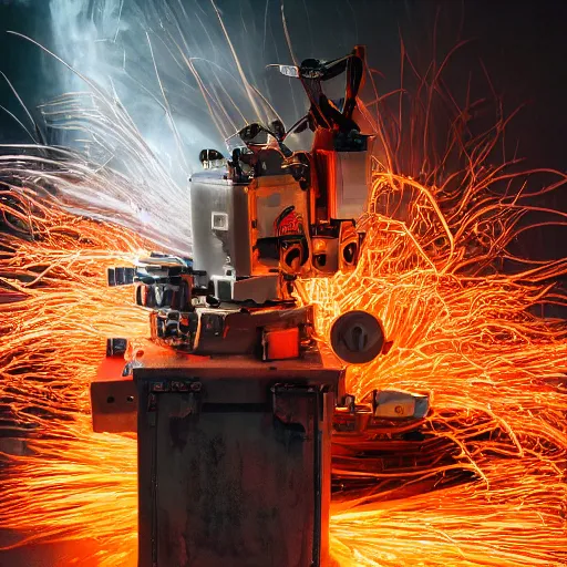 Image similar to oversized mokey wrench, tangles of metallic cables, dark messy smoke - filled cluttered workshop, dark, dramatic lighting, orange tint, sparks, plasma charges, cinematic, highly detailed, sci - fi, futuristic, movie still