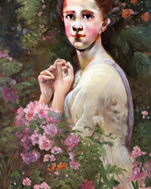 Image similar to a portrait painting of a shy, blushing 1 6 - year old alicia vikander or millie bobby brown as a princess in her garden, hair fanned around, intricate, elegant, highly detailed, artstation, concept art, by krenz cushart and donato giancola and william adolph bouguereau and alphonse mucha