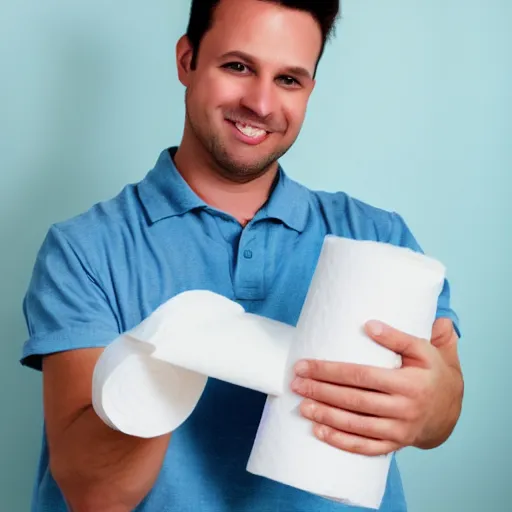 Image similar to a stock photo of a man holding too many rolls of toilet paper