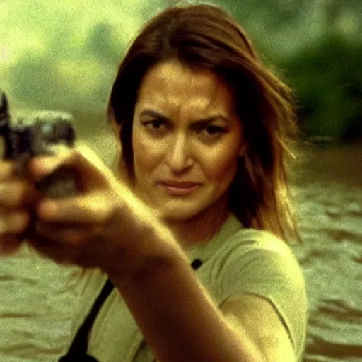 Image similar to film still, close up, mariska hargitay as olivia benson rising out of muddy vietnam river holding her badge, face covered in mud, low camera angle at water level, night time, film still from apocalypse now ( 1 9 7 9 ), 2 6 mm.