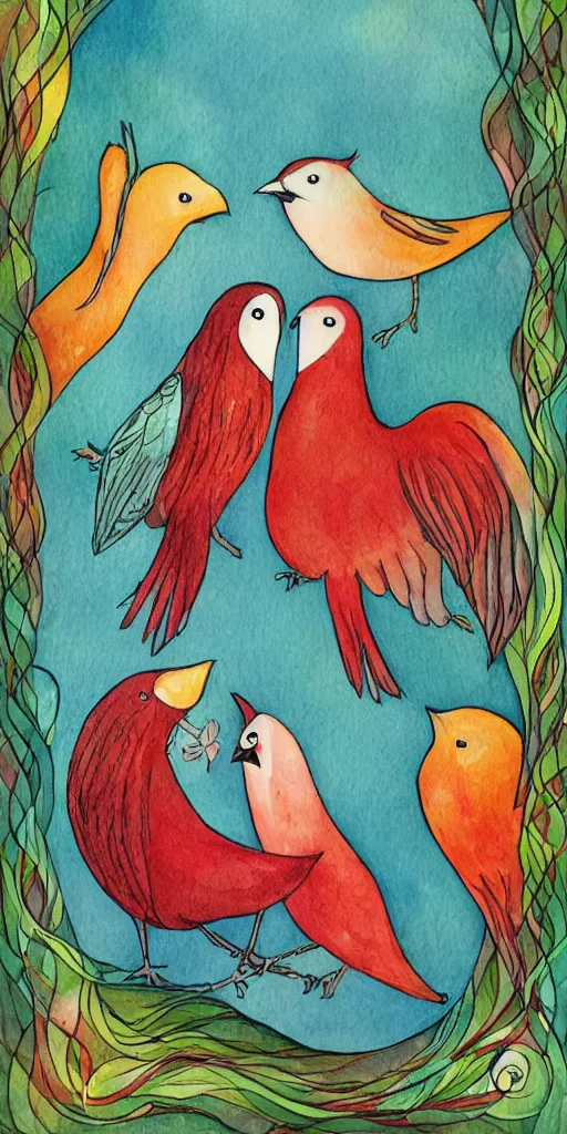 Image similar to greeting card, love, 2 affectionate birds, by kelly mckernan, warm colors, cozy