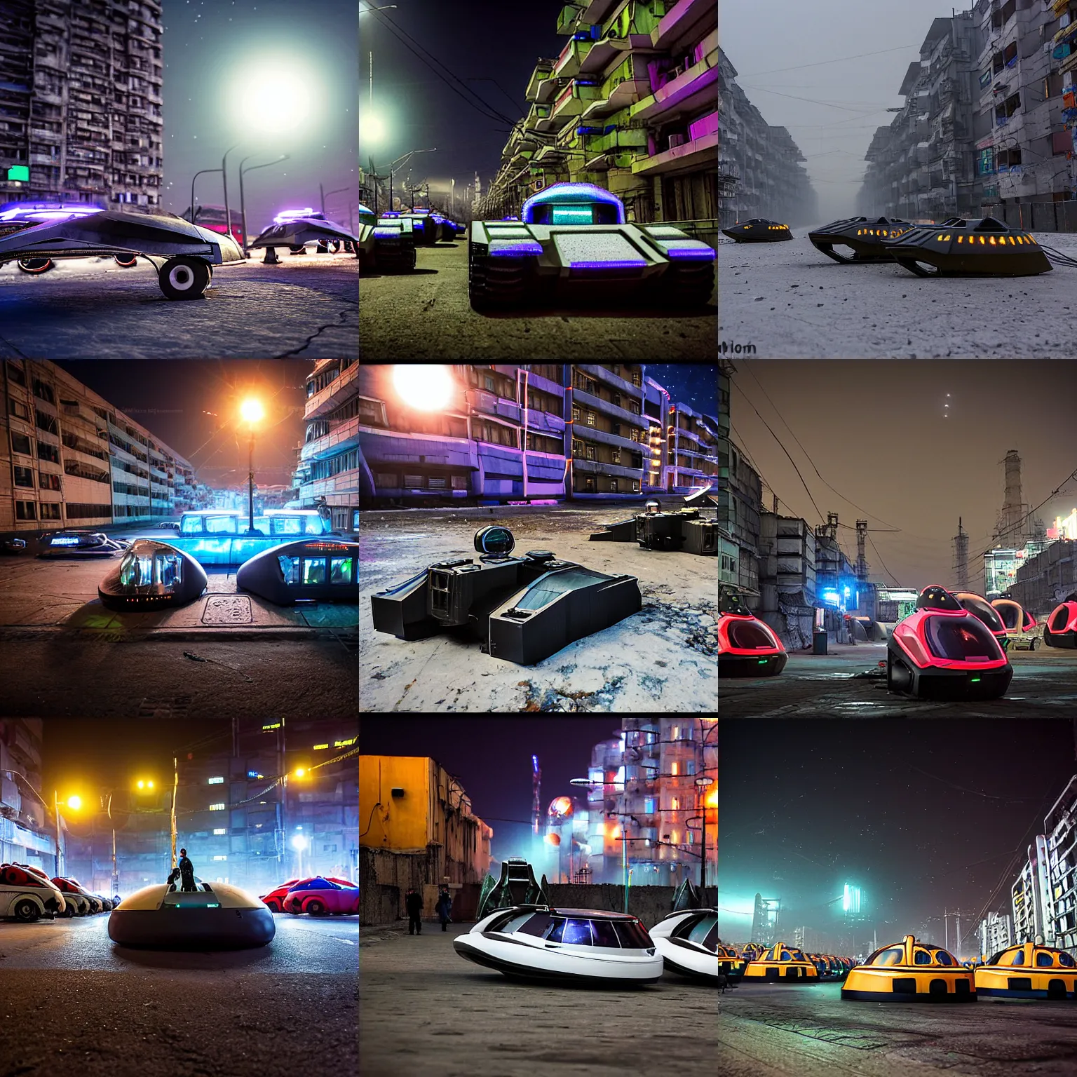 Prompt: tens of plasma hovercraft vehicles on the street in a Russian cyberpunk slum city called Neo Norilsk on the Moon, at night, diverse, lively, black sky full of stars, blinding sun, sci-fi, lots of flying cars, levitation, cyberpunk outfits, photorealistic, grainy, 35mm, intricate, very very beautiful, elegant, smooth, cinematic, Unreal Engine 5, trending on Artstation HD