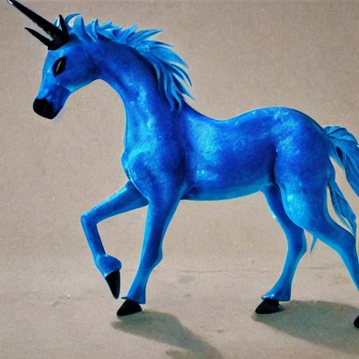 Prompt: blue unicorn, its skin is recovered by blue electrical discharges, it's running between a storm, the floor is a very big field of black rock, high - quality, realistic, there is space around the figure