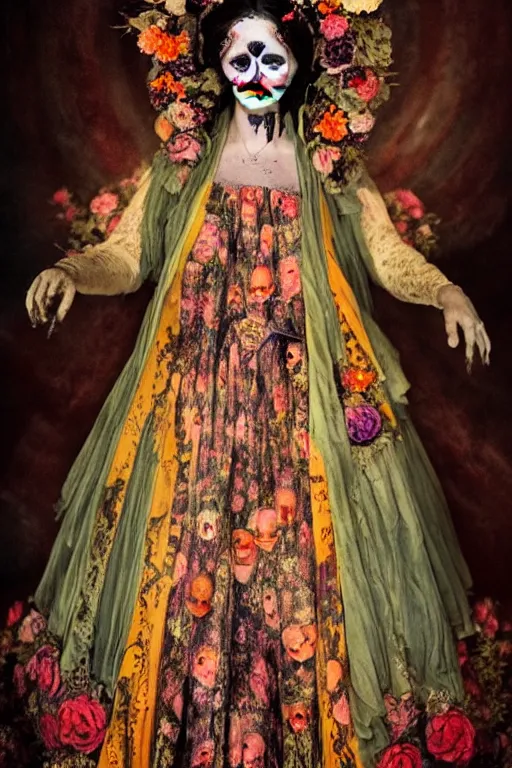 Image similar to 1 9 1 0's virgin mary dia de muertos dress and make up, horrific beautiful vibe, evocative, atmospheric lighting, painted, intricate, highly detailed, leesha hannigan, wayne haag, reyna rochin, ignacio fernandez rios, mark ryden, iris van herpen, stunning, gorgeous, sharp focus, cinematic, masterpiece