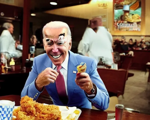 Image similar to Joe Biden as Colonel Sanders eating KFC, photograph