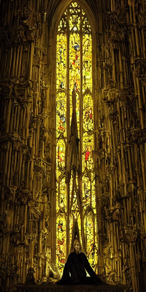 Image similar to a tall pale humanoid being sitting upon an ornate stone throne, 4K, digital art, horror, dramatic, wearing a long yellow rotting garment, dark, hyperrealistic, perspective, complex black church background with volumetric lights coming in through cathedral windows, dark background, highlights,