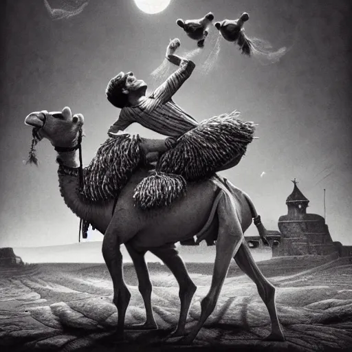 Image similar to Camels wrestling whilst pinocchio plays the accordion by james gurney, disney and Dan hillier, 8k, artstation