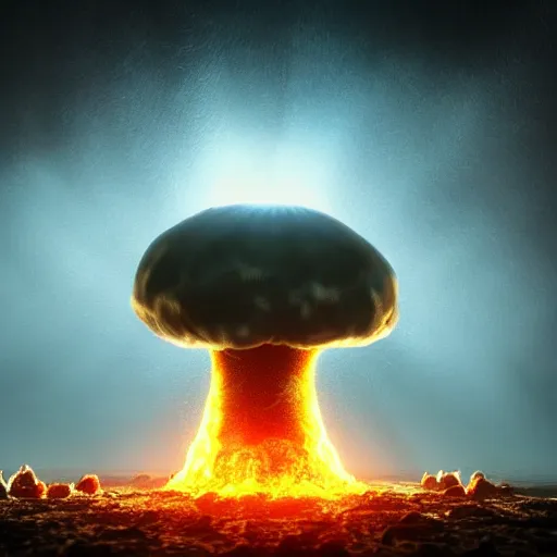 Image similar to a nuclear blast mushroom cloud on earth shattering doomsday seen from outer space comicbook style volumetric lighting birdeye view realistic 3d rendering octane render