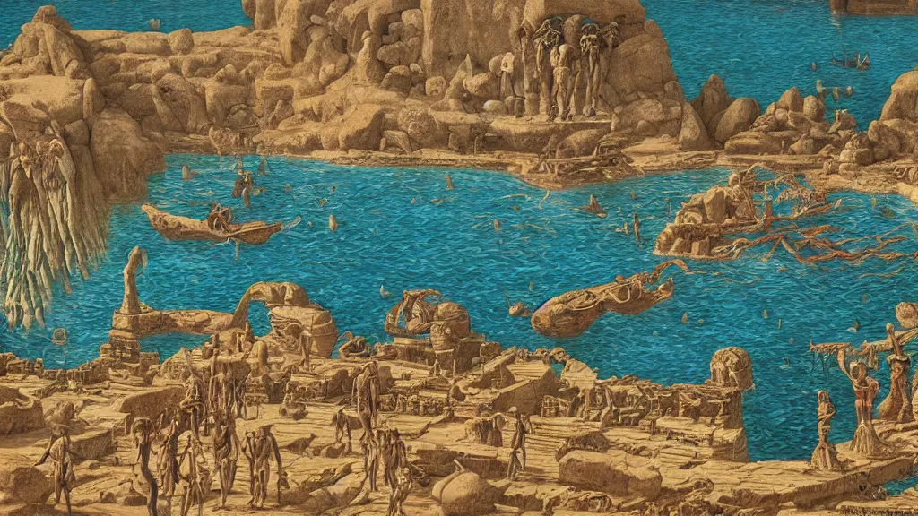 Image similar to epic masterpiece of Ancient Egypt aquatic origin mythos, cinematic, establishing shot, extremely high detail, oil painting, intricate line drawings, 8k resolution