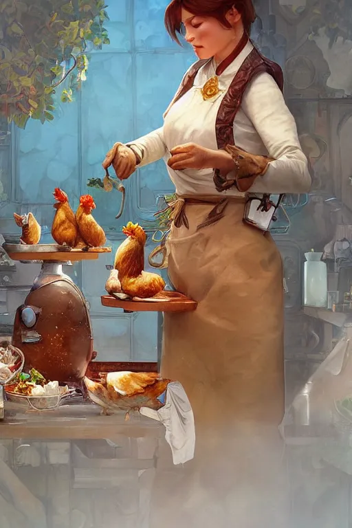 Image similar to beautiful, highly detailed, digoman cooking dinner with her pet chickens digital painting, artstation, concept art, smooth, sharp focus, illustration, art by artgerm and greg rutkowski and alphonse mucha